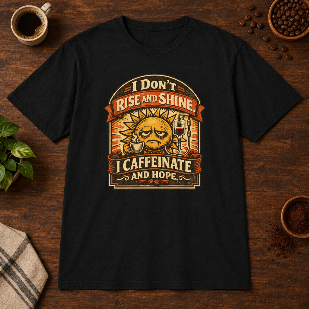 I Don't Rise and Shine T-Shirt Black short-sleeve coffee-bar flat lay