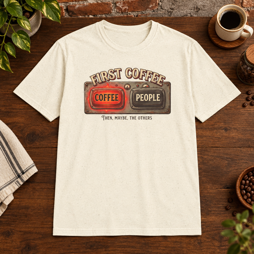 First Coffee Then T-Shirt Natural preferred-size coffee-bar flat lay