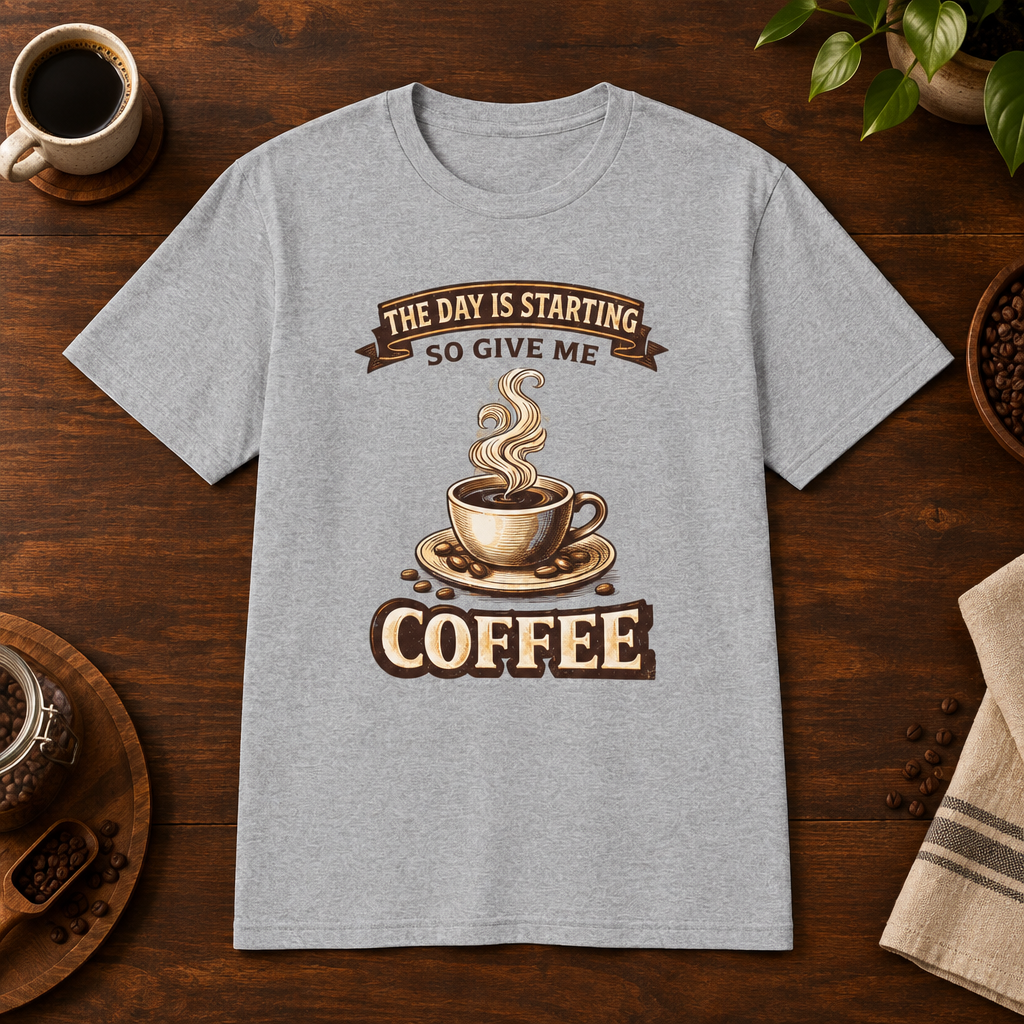 The Day is Starting T-Shirt Sport Grey short-sleeve coffee-bar flat lay
