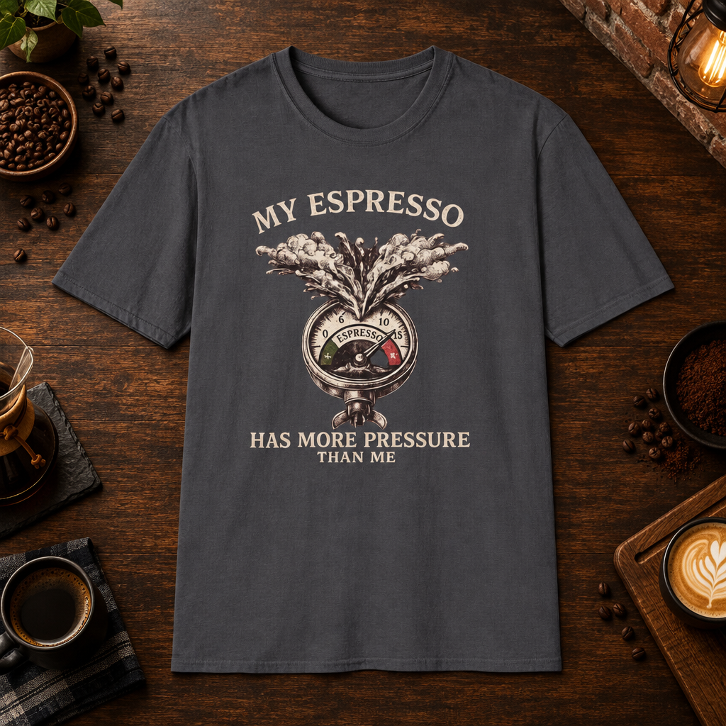 My Espresso T-Shirt in Charcoal, overhead coffee-bar flat-lay mockup