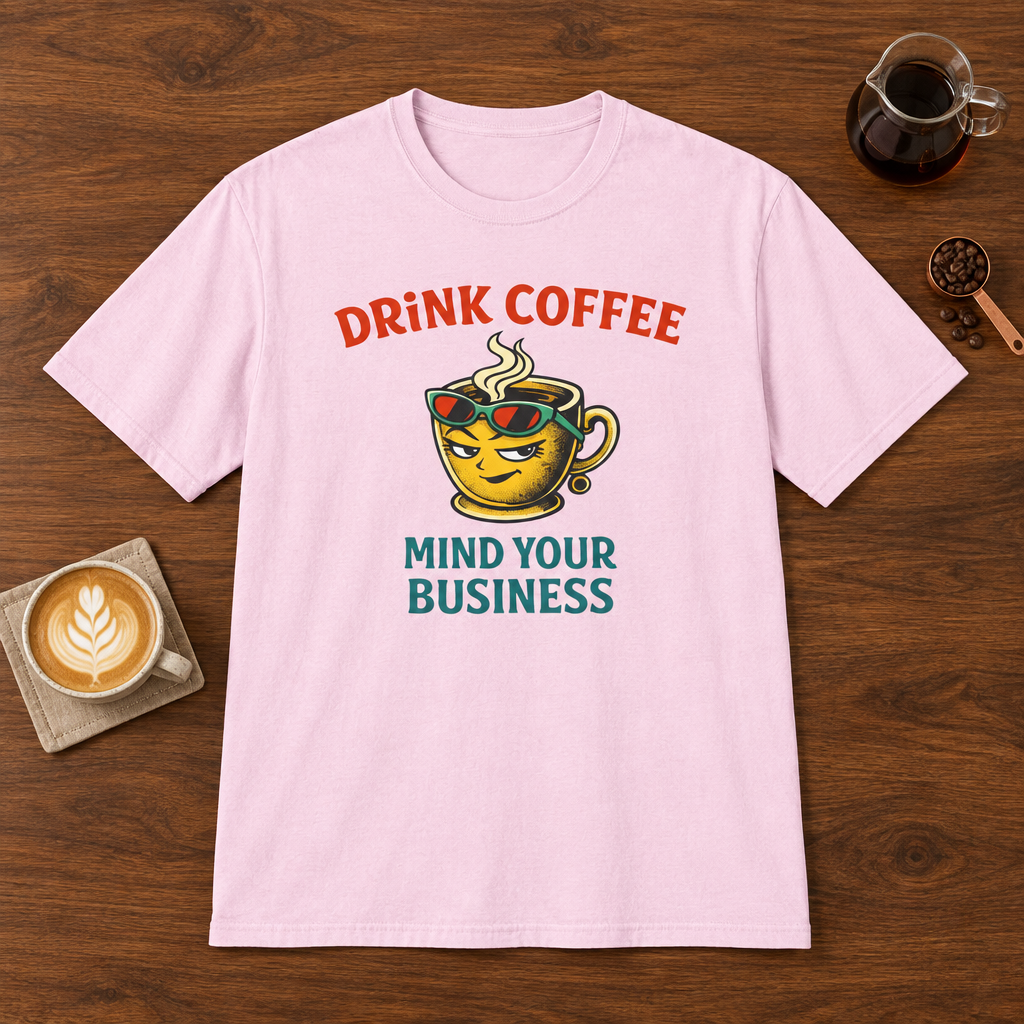 Drink Coffee Mind Your Business T-Shirt Light Pink coffee bar mockup