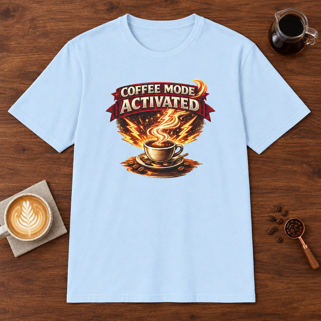 Coffee Mode Activated T-Shirt Light Blue coffee bar mockup