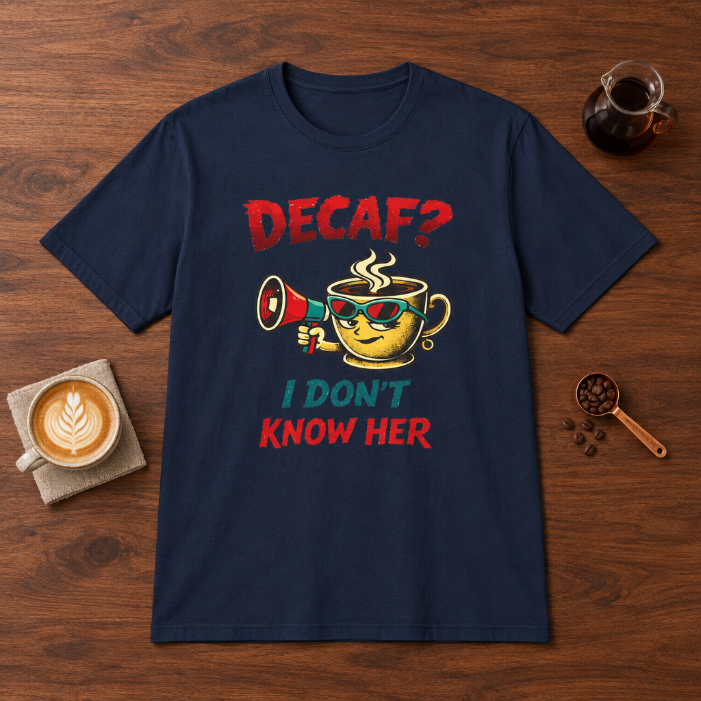 Decaf? T-Shirt Navy coffee bar mockup