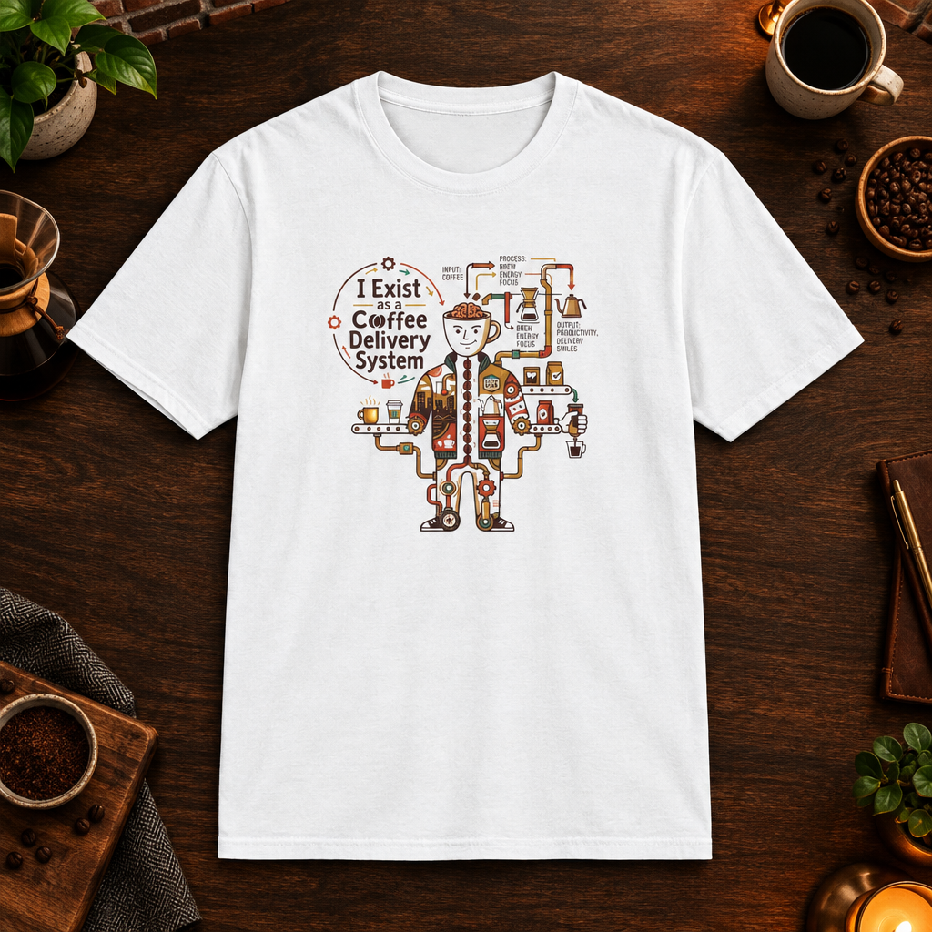 Coffee Delivery System T-Shirt in White, coffee bar flat lay mockup