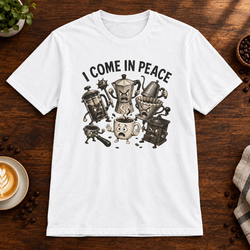 I Come in Peace T-Shirt White on warm coffee bar