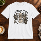 I Come in Peace T-Shirt White on warm coffee bar