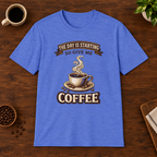 The Day is Starting T-Shirt Heather Royal short-sleeve coffee-bar flat lay