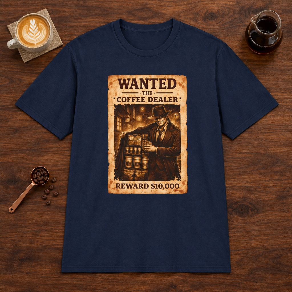 Wanted T-Shirt Navy coffee bar mockup