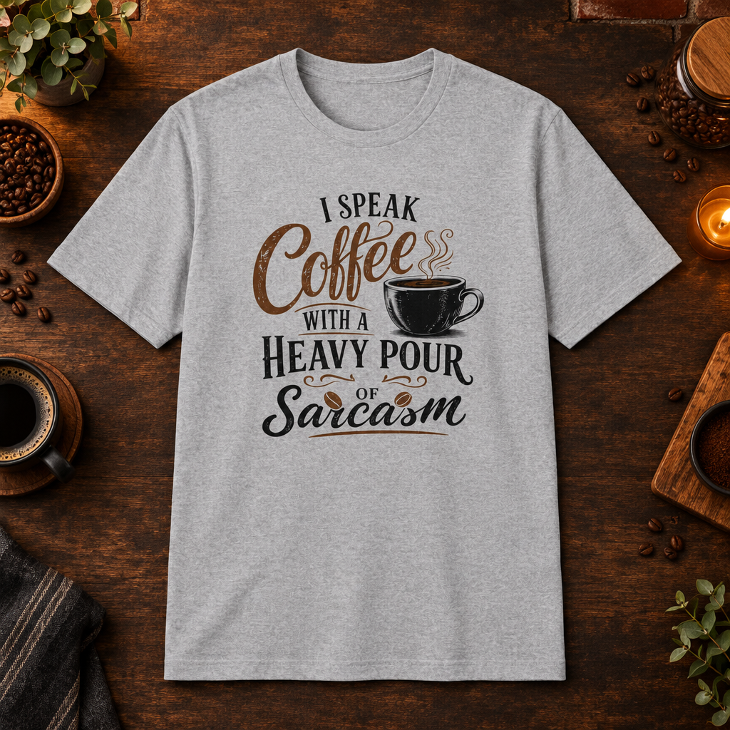 I Speak Coffee T-Shirt in Sport Grey, coffee bar flat lay mockup