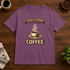 The Day is Starting T-Shirt Heather Maroon short-sleeve coffee-bar flat lay
