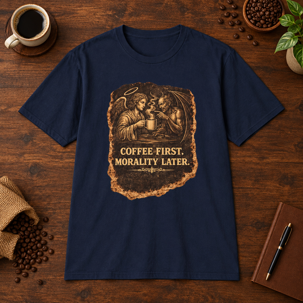 Heaven and Hell T-Shirt Navy short-sleeve coffee-bar flat lay