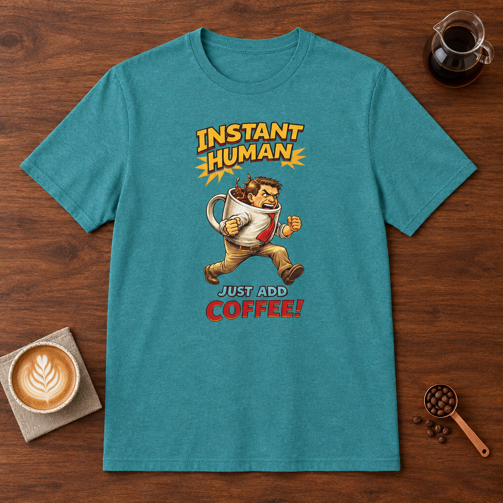 Instant Man T-Shirt Heather Galapagos Blue coffee bar mockup
