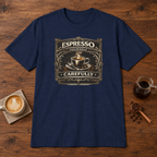 Espresso Yourself Carefully T-Shirt Navy coffee bar mockup