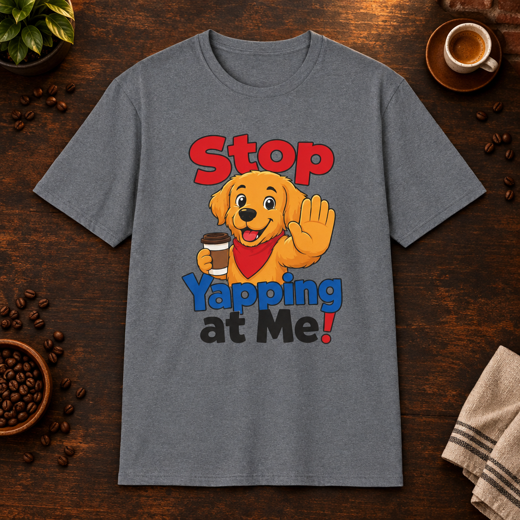 Stop Yapping at Me T-Shirt in Graphite Heather, coffee bar flat lay mockup