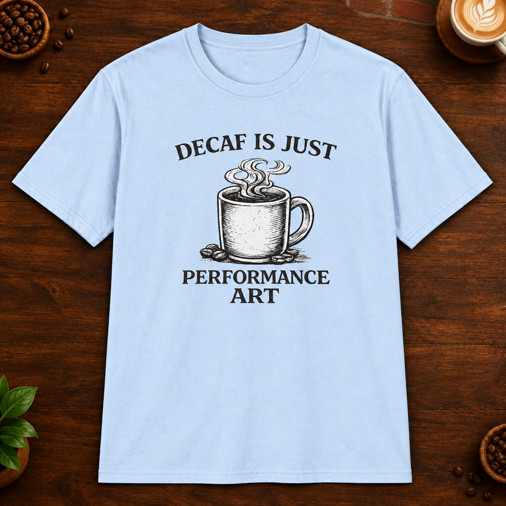 Decaf is Just Performance Art T-Shirt in Light Blue, close-up on dark wood coffee bar