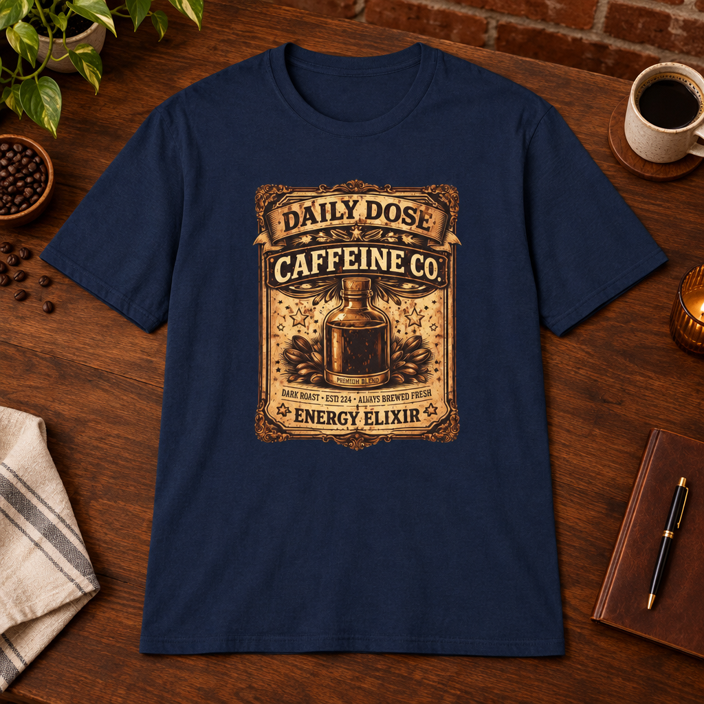 Daily Dose T-Shirt Navy close-fill short-sleeve dark-ish coffee-bar flat lay