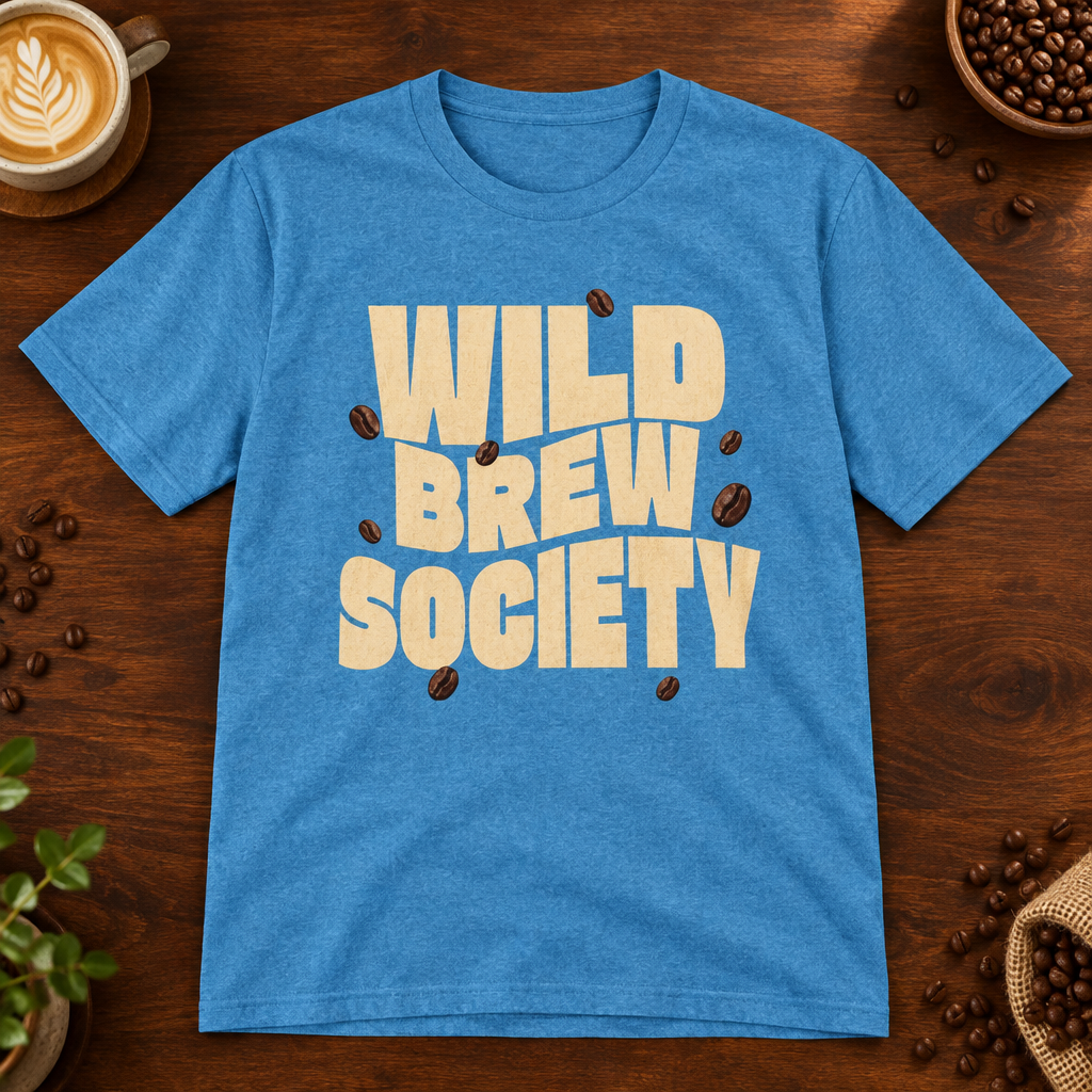 Wild Brew Society T-Shirt Heather Sapphire on a warm coffee bar