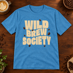 Wild Brew Society T-Shirt Heather Sapphire on a warm coffee bar