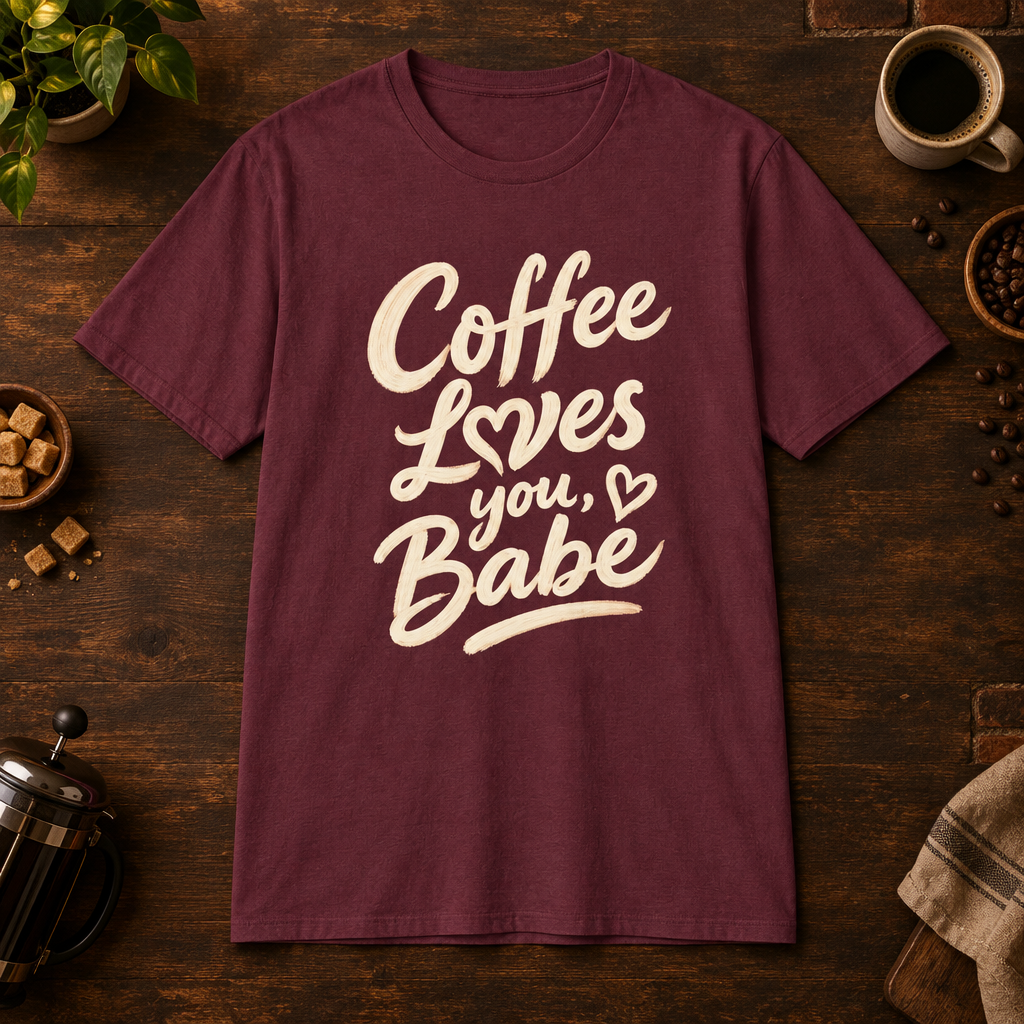 Coffee Loves You, Babe T-Shirt in Maroon, coffee bar flat lay mockup