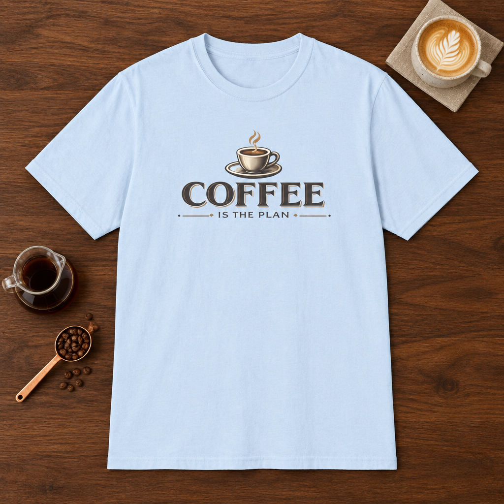 Coffee is the Plan T-Shirt Light Blue coffee bar mockup
