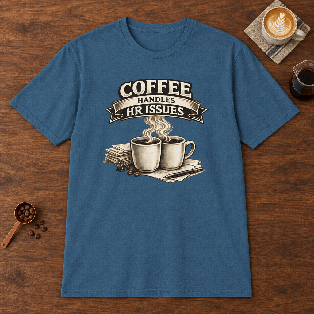 Coffee Handles HR Issues T-Shirt Indigo Blue coffee bar mockup