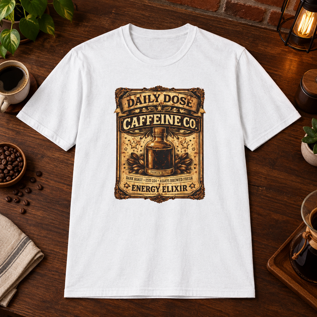Daily Dose T-Shirt White close-fill short-sleeve dark-ish coffee-bar flat lay