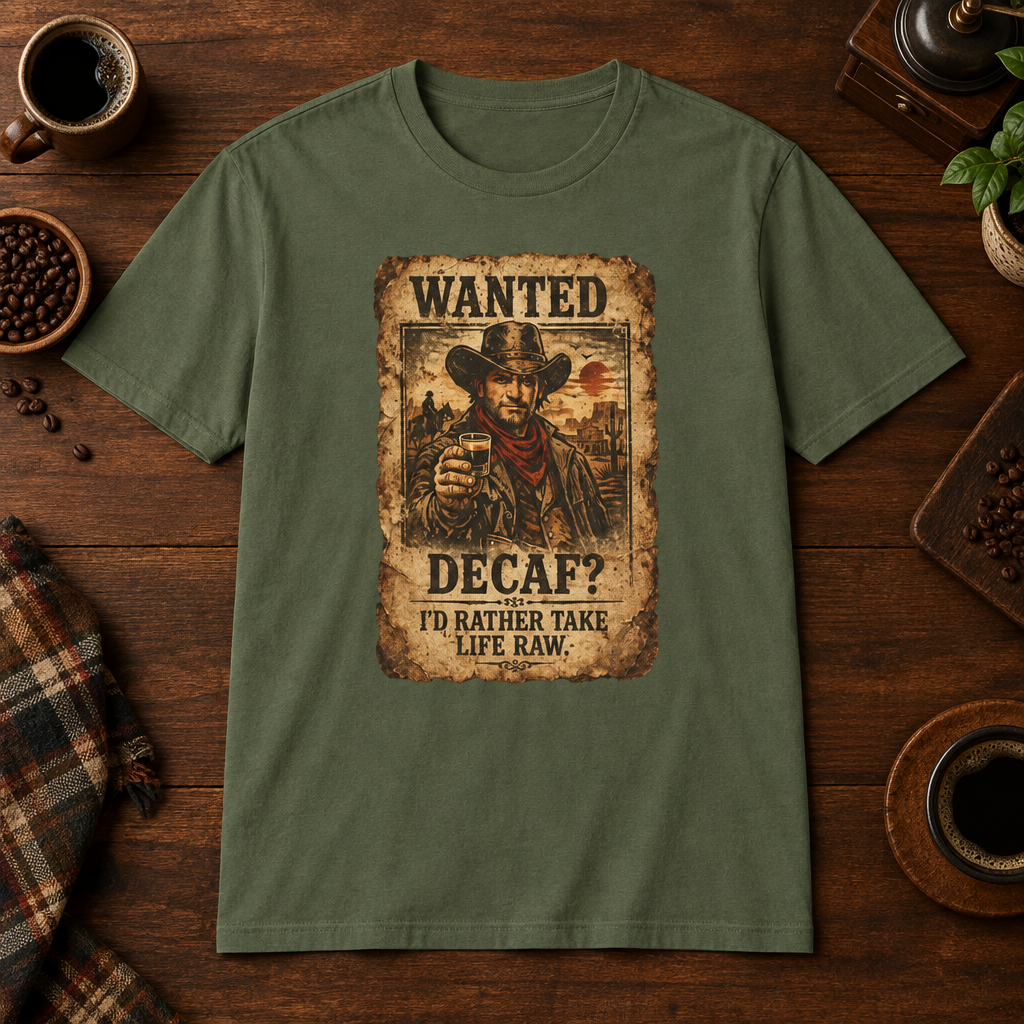 Wanted T-Shirt Military Green short-sleeve coffee-bar flat lay