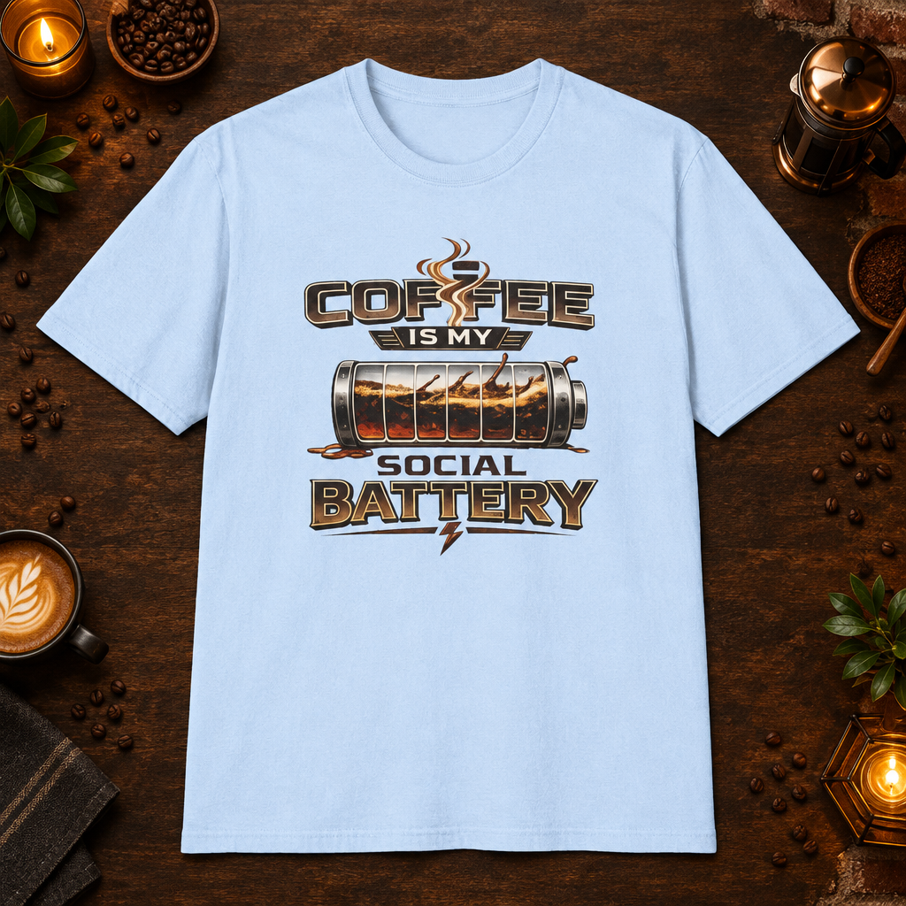Coffee is My Social Battery T-Shirt in Light Blue, zoomed lifestyle mockup