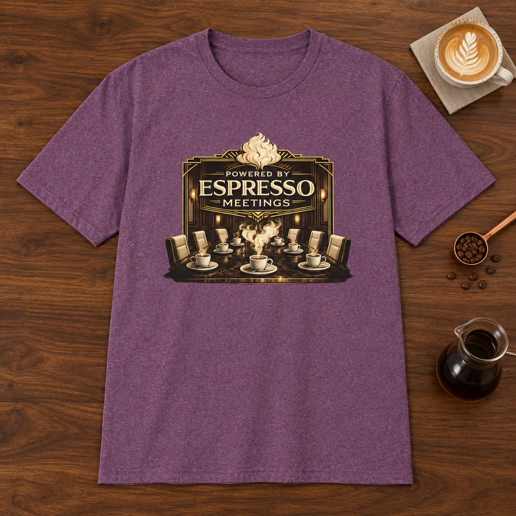 Powered by Espresso Meetings T-Shirt Heather Maroon coffee bar mockup