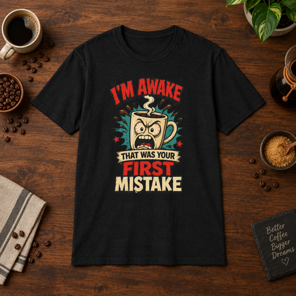 I'm Awake T-Shirt Black short-sleeve coffee-bar flat lay