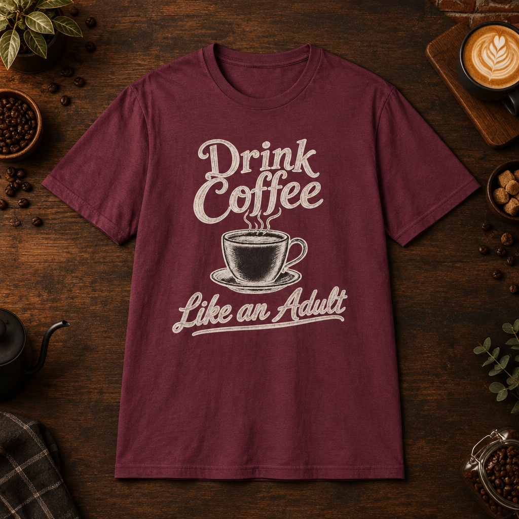 Drink Coffee Like an Adult T-Shirt in Maroon, coffee bar flat lay mockup