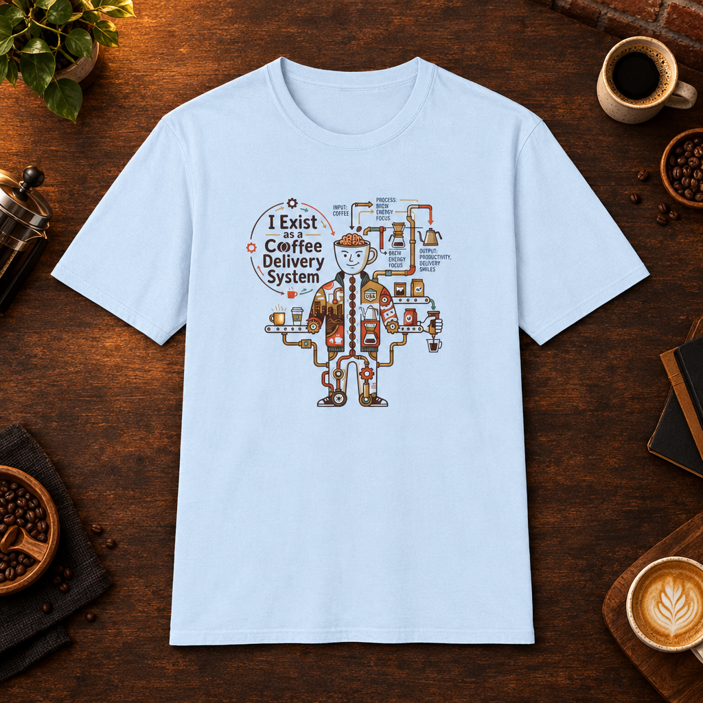 Coffee Delivery System T-Shirt in Light Blue, coffee bar flat lay mockup