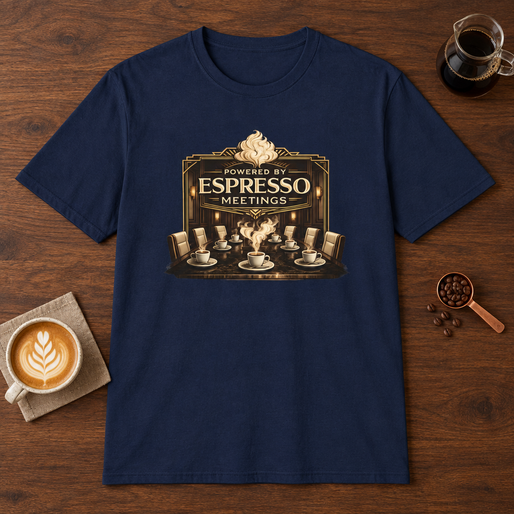 Powered by Espresso Meetings T-Shirt Navy coffee bar mockup