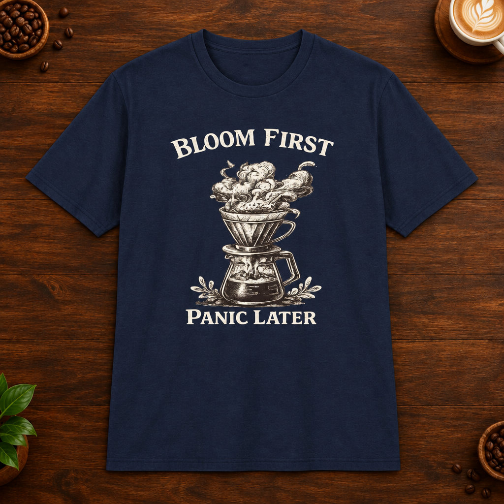 Bloom First T-Shirt in Navy on a wooden coffee-themed background