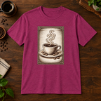 Coffee Woodcut T-Shirt Antique Heliconia short-sleeve coffee-bar flat lay