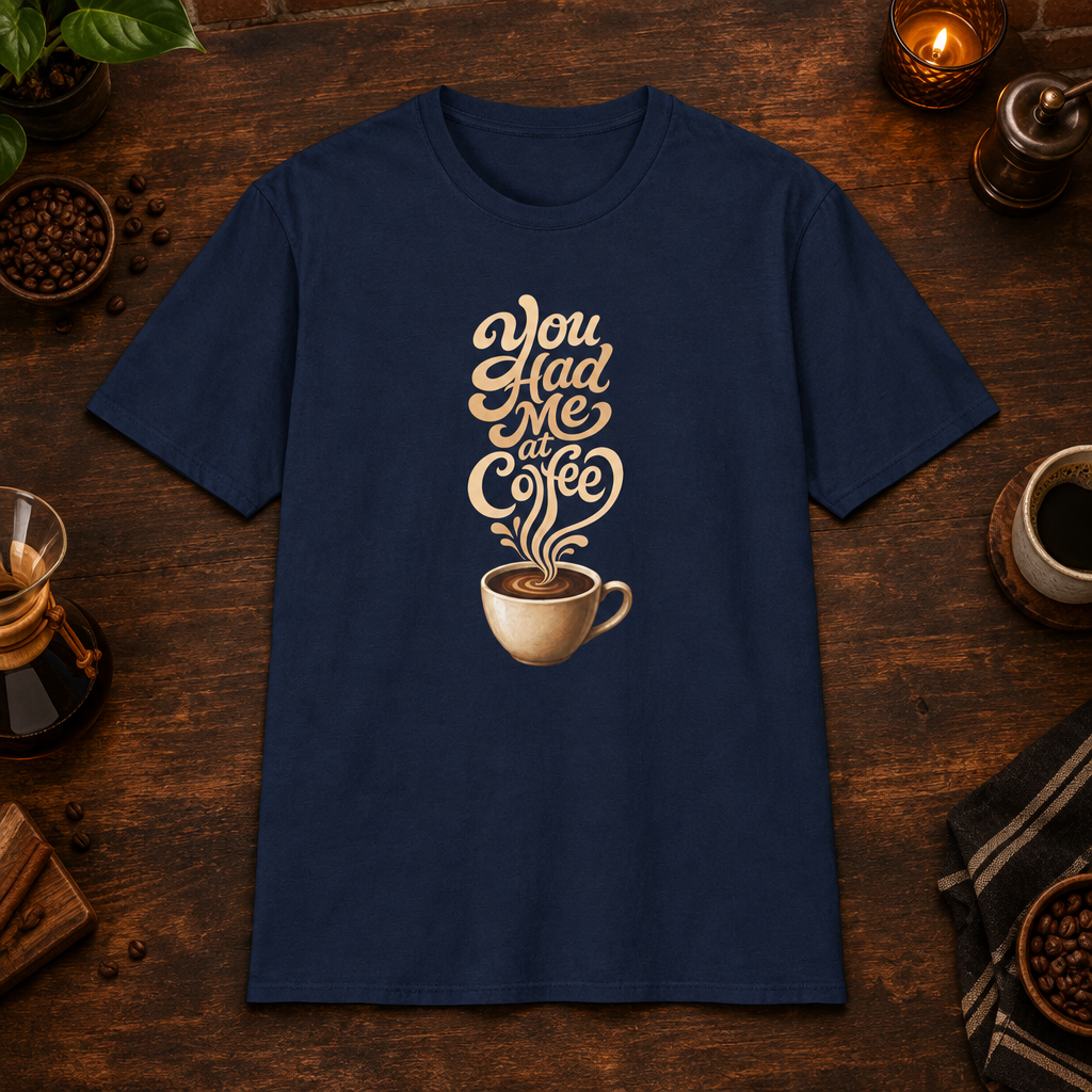 You Had Me at Coffee T-Shirt in Navy, coffee bar flat lay mockup