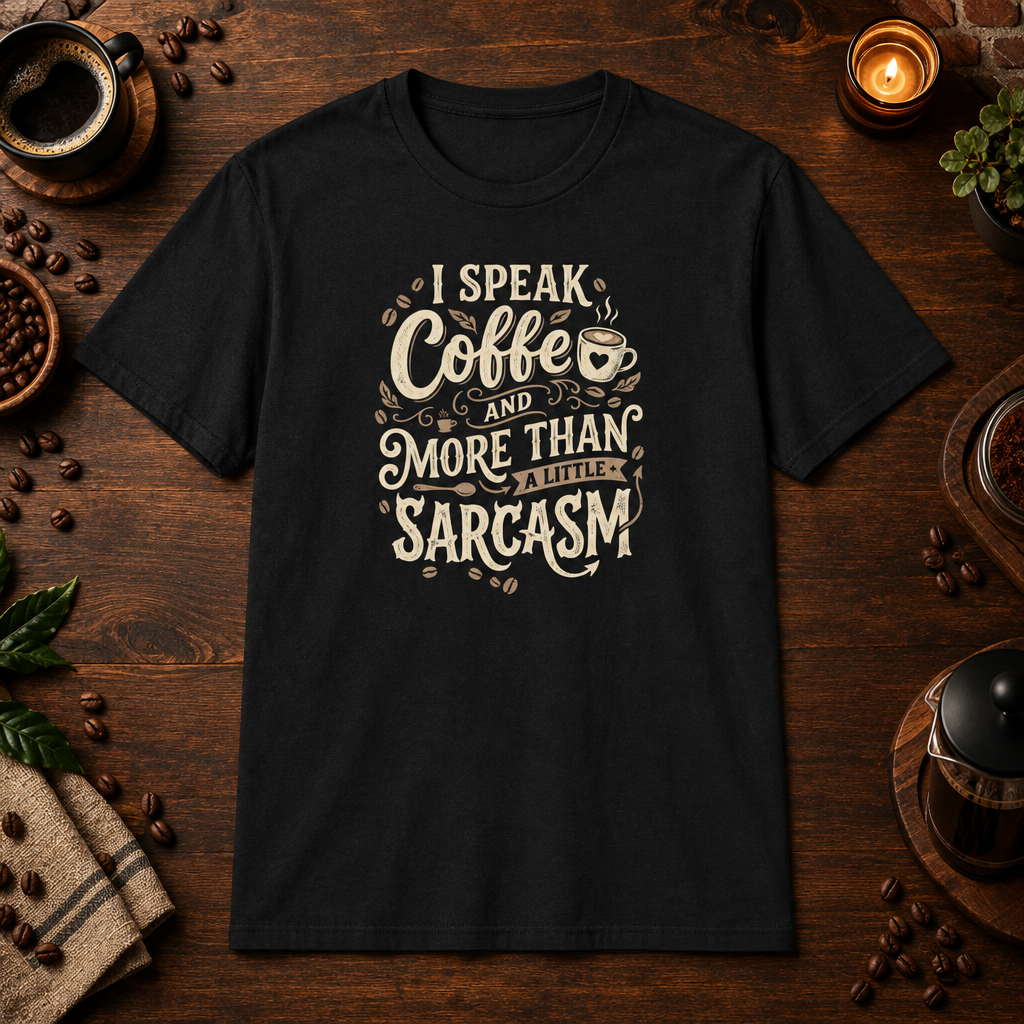 I Speak Coffee T-Shirt in Black, coffee bar flat lay mockup