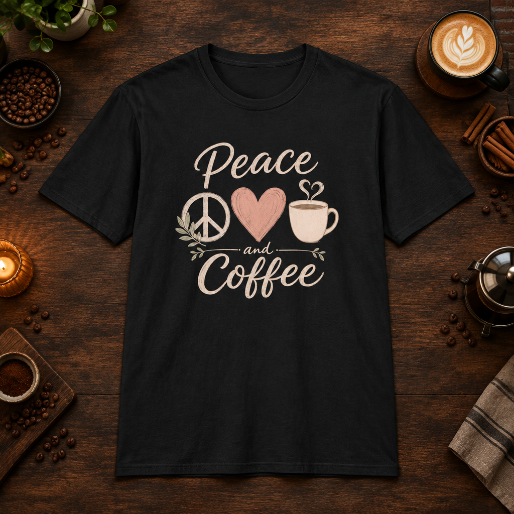 Peace, Love and Coffee T-Shirt in Black, coffee bar flat lay mockup