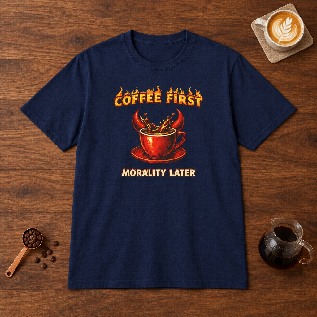 Coffee First Morality Later red cup T-Shirt Navy flat lay on walnut coffee bar