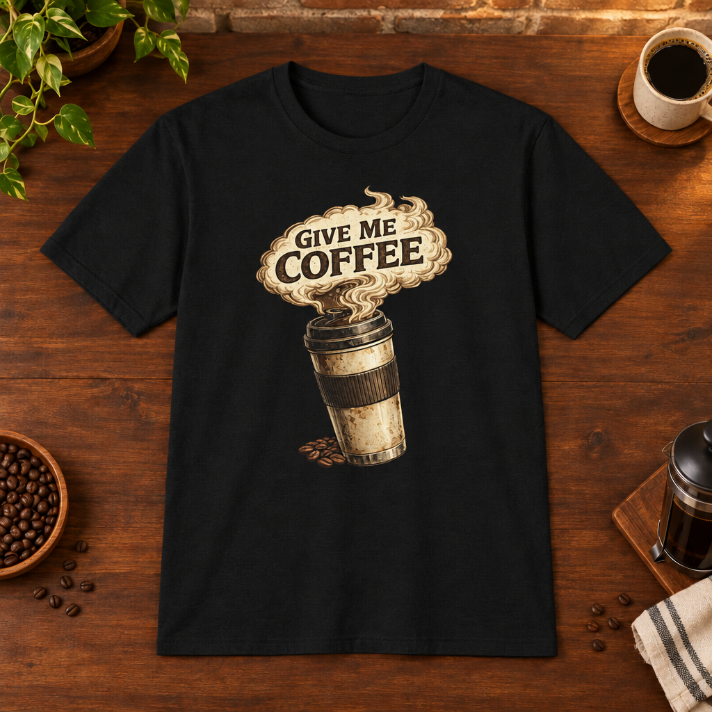 Give Me Coffee T-Shirt Black coffee-bar flat lay, consistent framing