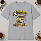 Caffeine and Consequences 2 T-Shirt in Heather Indigo, zoomed lifestyle mockup