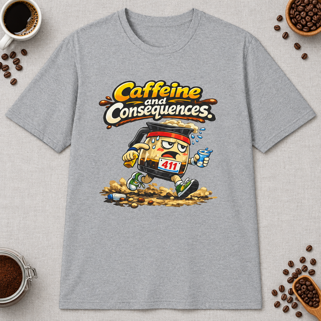 Caffeine and Consequences 2 T-Shirt in Heather Indigo, zoomed lifestyle mockup