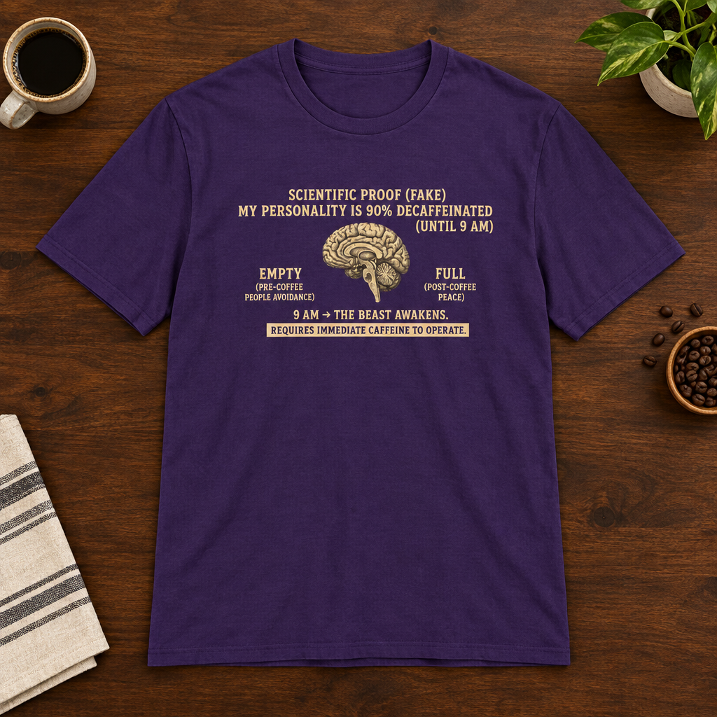 Scientific Proof T-Shirt Purple coffee-bar flat lay
