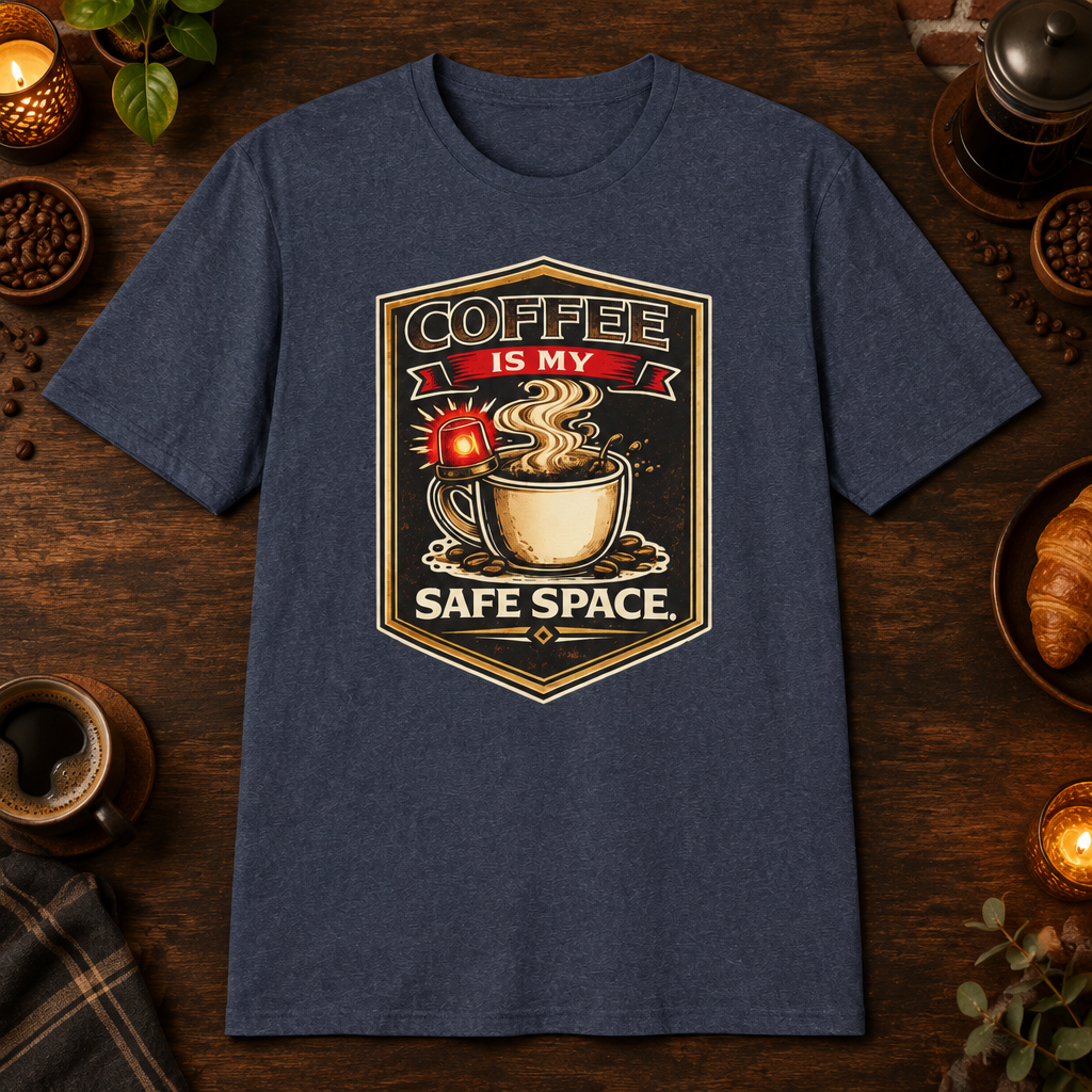 Coffee is My Safe Space T-Shirt in Heather Navy, zoomed lifestyle mockup
