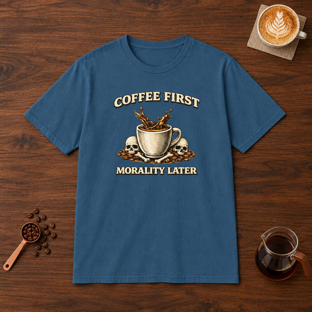 Coffee First Morality Later T-Shirt Indigo Blue flat lay on walnut coffee bar