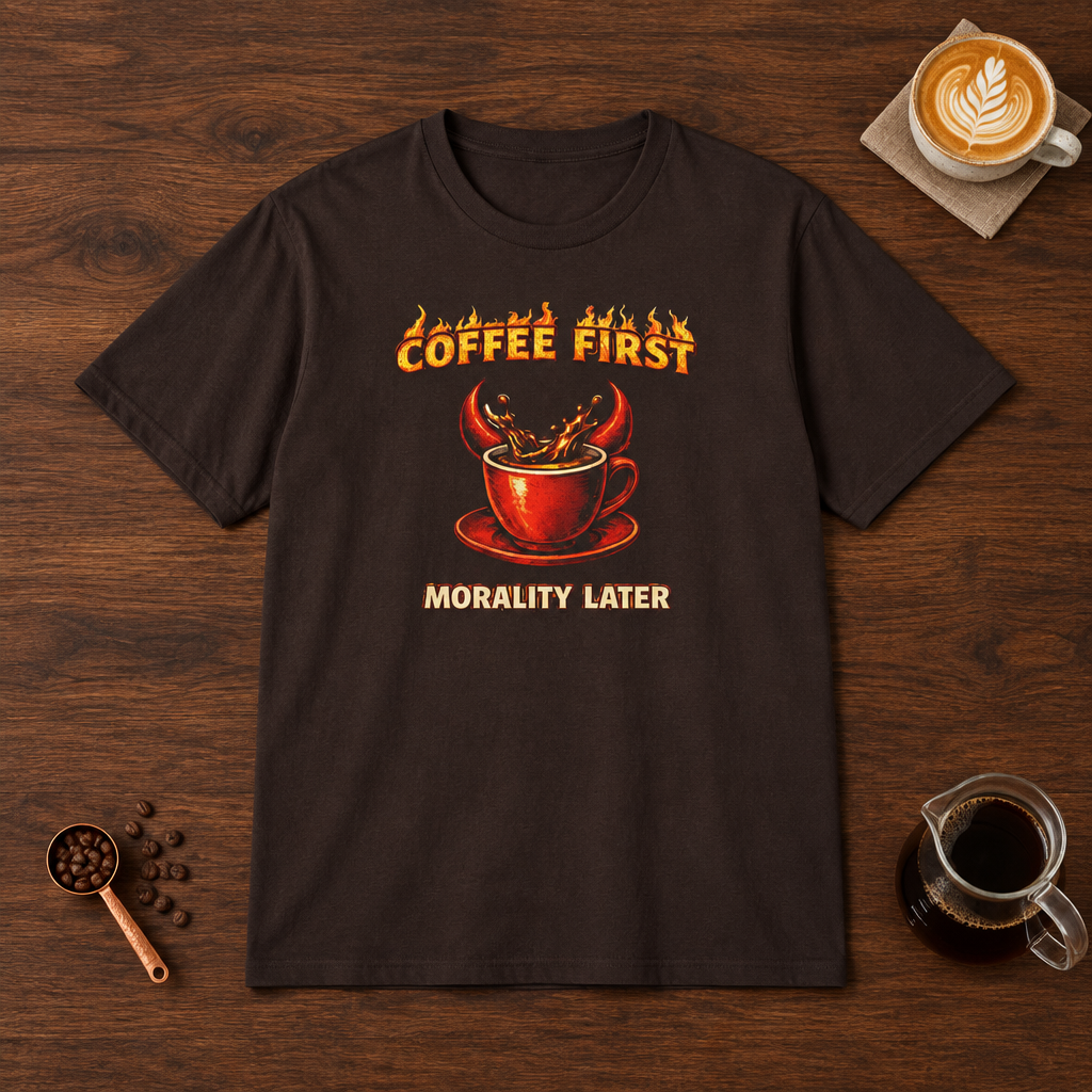 Coffee First Morality Later red cup T-Shirt Dark Chocolate flat lay on walnut coffee bar