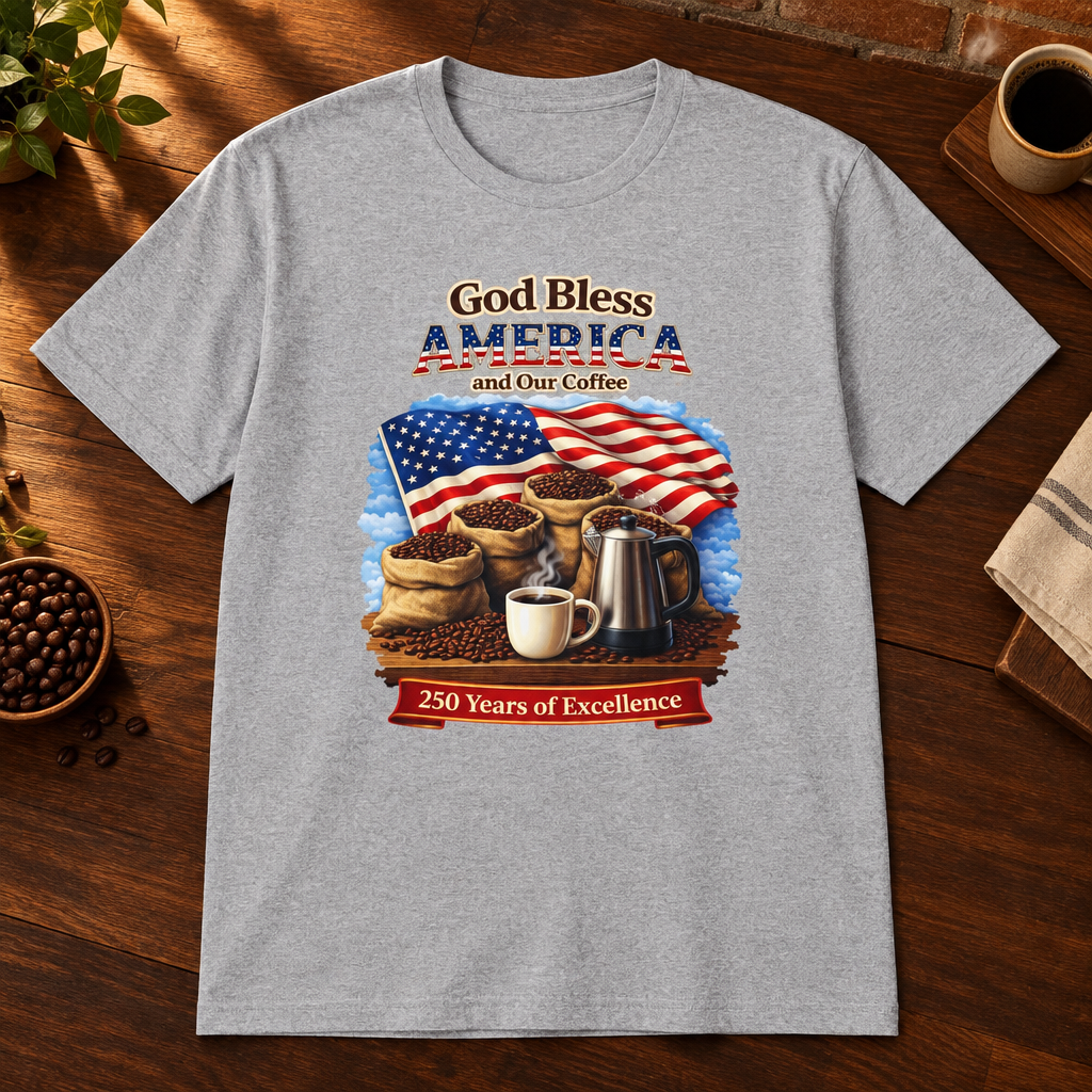 God Bless America T-Shirt Sport Grey close-fill short-sleeve coffee-bar flat lay
