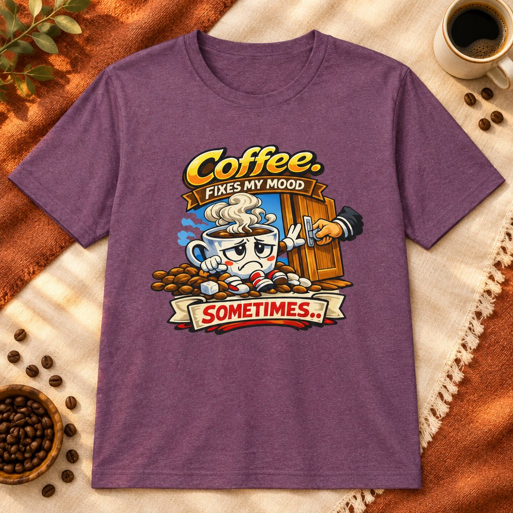 Coffee Fixes My Mood Sometimes T-Shirt in Indigo Blue, premium flat-lay mockup
