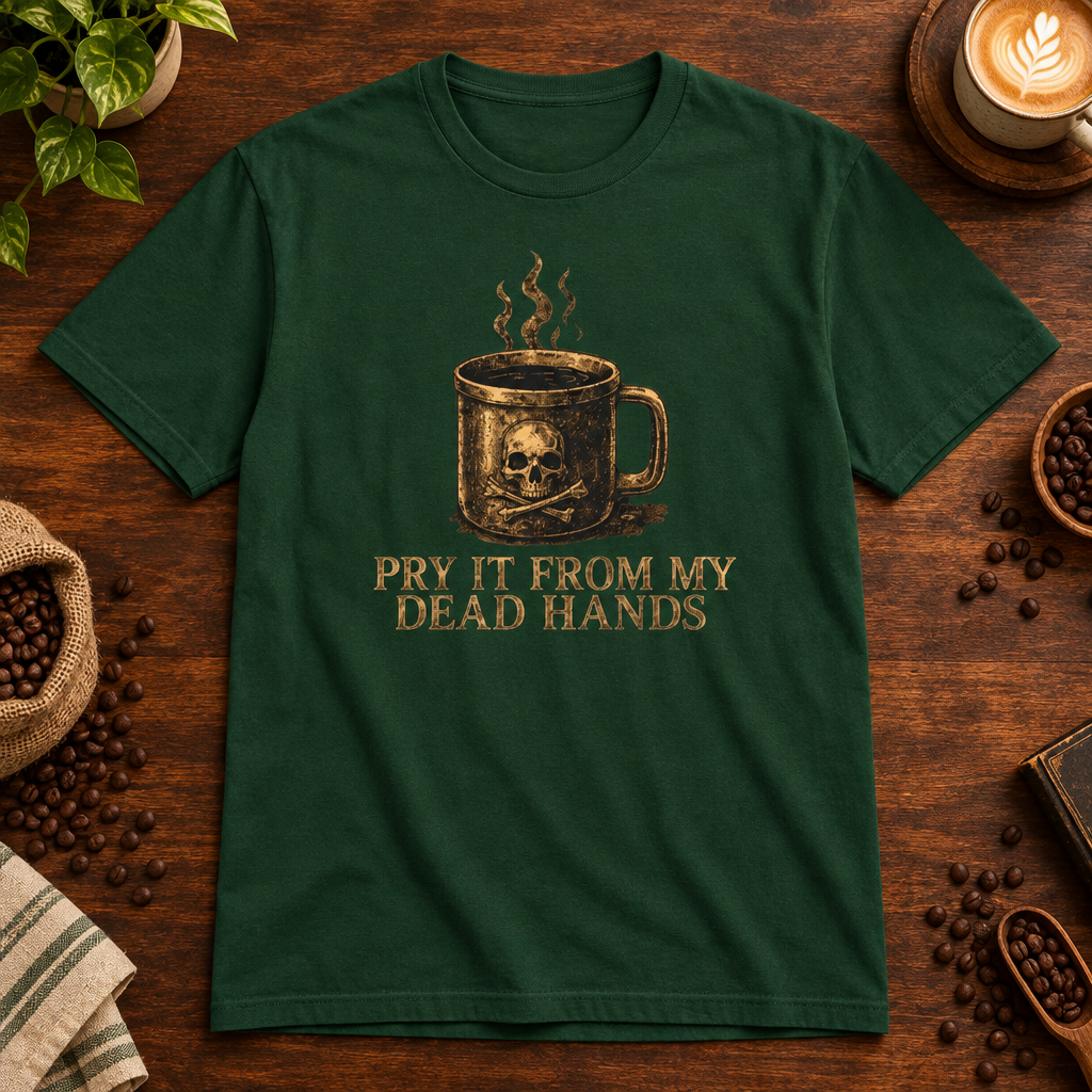Pry It From MY Dead Hands T-Shirt Forest Green on a warm coffee bar
