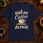 A Great Cup of Coffee T-Shirt in Navy, overhead coffee-bar flat-lay mockup